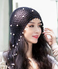 Beautiful Beige Pearl Tassel Hollow Out Knit Bonnie Hat dylinoshop