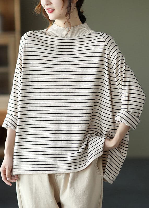 Beautiful Beige Striped Loose Knit Shirt Spring GK-NTP220111