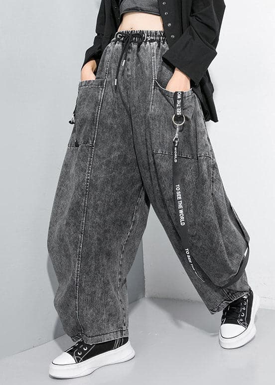 Beautiful Black Grey Cinched Patchwork denim Pants Trousers Spring AT-LPTS220111