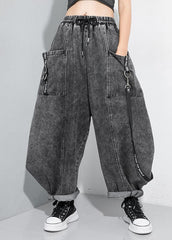 Beautiful Black Grey Cinched Patchwork denim Pants Trousers Spring AT-LPTS220111