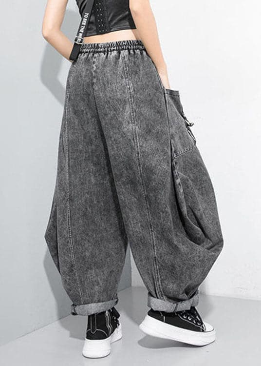 Beautiful Black Grey Cinched Patchwork denim Pants Trousers Spring AT-LPTS220111