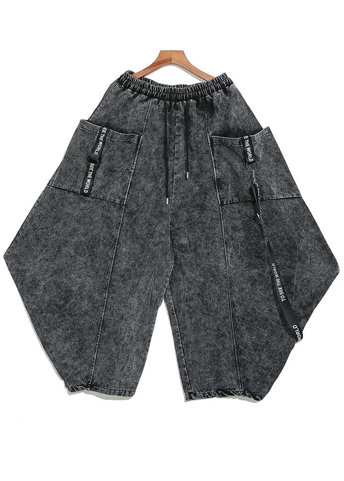 Beautiful Black Grey Cinched Patchwork denim Pants Trousers Spring AT-LPTS220111