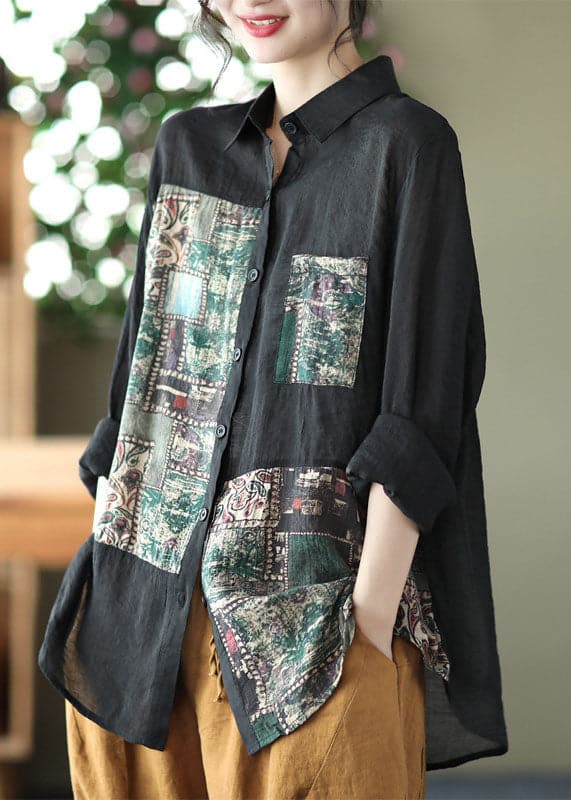 Beautiful Black Peter Pan Collar Print Linen Shirt Long Sleeve GK-LTP220509