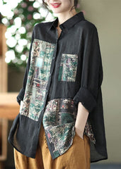 Beautiful Black Peter Pan Collar Print Linen Shirt Long Sleeve GK-LTP220509