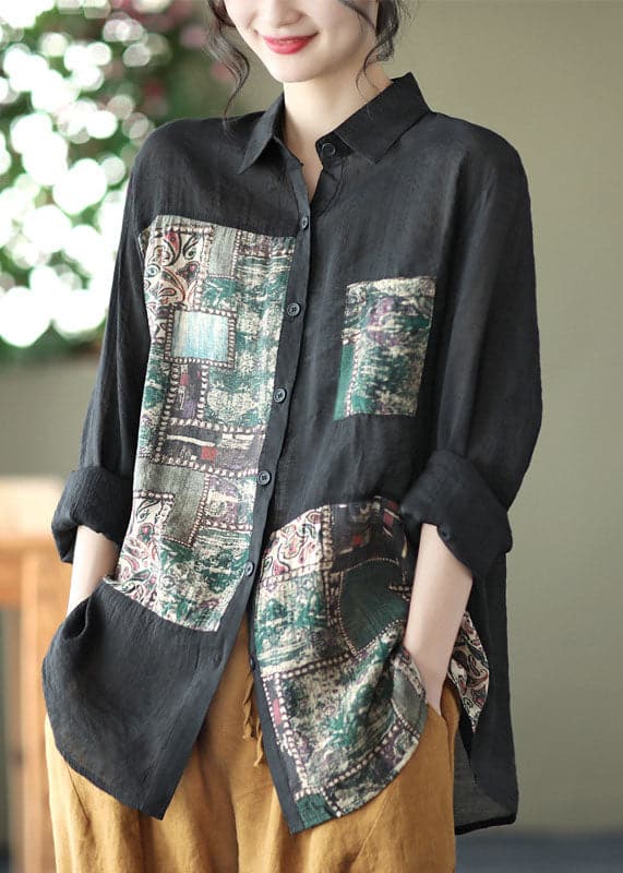 Beautiful Black Peter Pan Collar Print Linen Shirt Long Sleeve GK-LTP220509