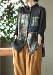 Beautiful Black Peter Pan Collar Print Linen Shirt Long Sleeve GK-LTP220509