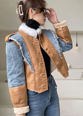 Beautiful Blue Asymmetrical denim Patchwork Jackets Winter YY-CTS211215