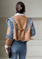 Beautiful Blue Asymmetrical denim Patchwork Jackets Winter YY-CTS211215