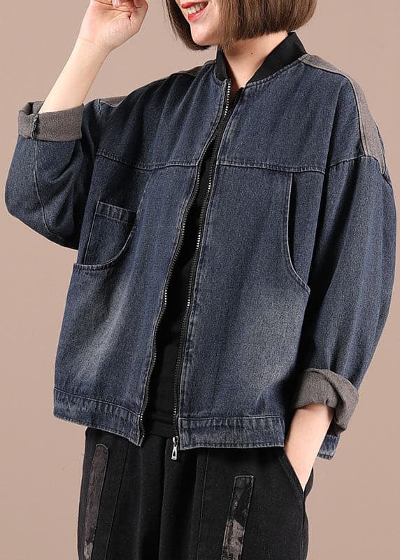 Beautiful Blue Denim Zippered Pockets Fall Coat Long Sleeve WG-CTS210916