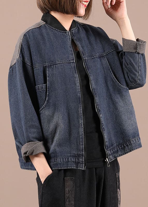 Beautiful Blue Denim Zippered Pockets Fall Coat Long Sleeve WG-CTS210916