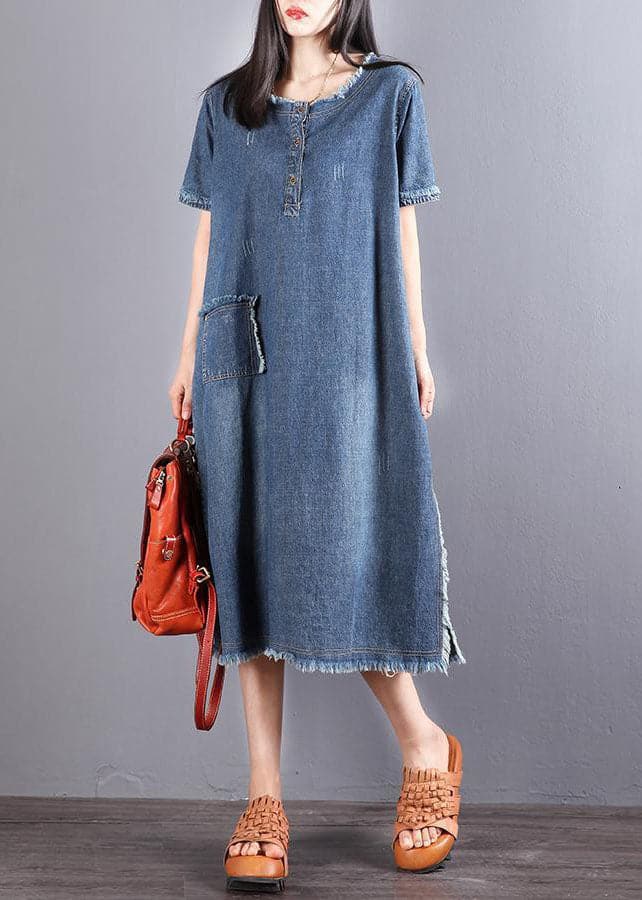 Beautiful Blue Pockets Button Fall Denim Short Sleeve Party Dress BSNZ-FDM211014