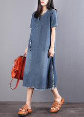 Beautiful Blue Pockets Button Fall Denim Short Sleeve Party Dress BSNZ-FDM211014