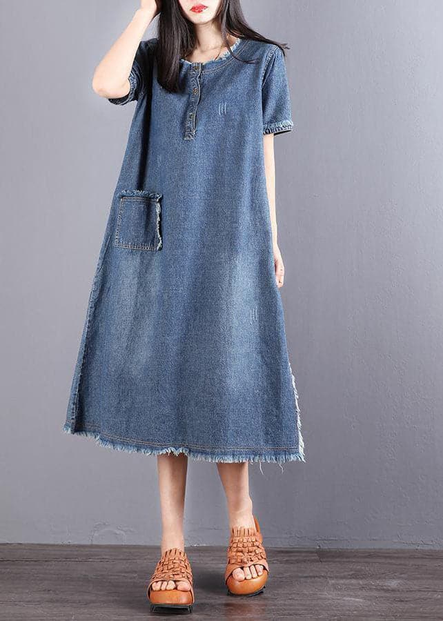 Beautiful Blue Pockets Button Fall Denim Short Sleeve Party Dress BSNZ-FDM211014