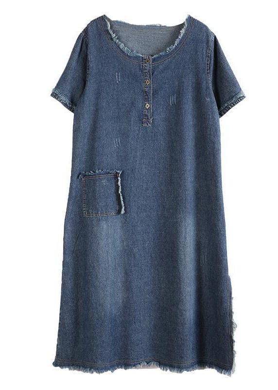 Beautiful Blue Pockets Button Fall Denim Short Sleeve Party Dress BSNZ-FDM211014