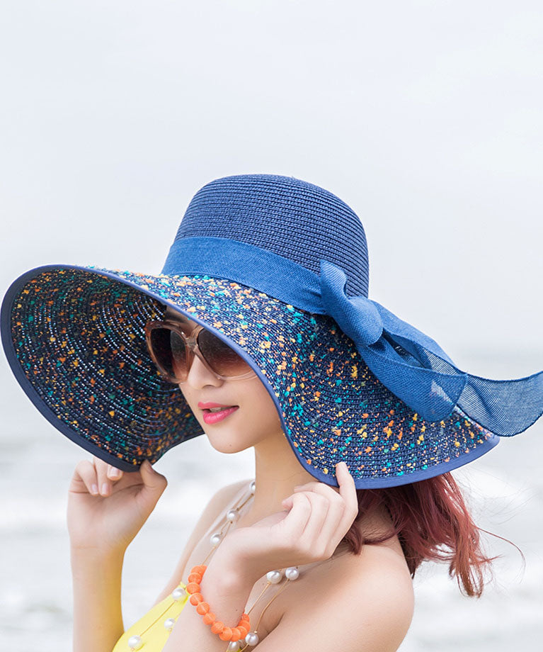 Beautiful Blue Print Bow Straw Woven Beach Floppy Sun Hat dylinoshop