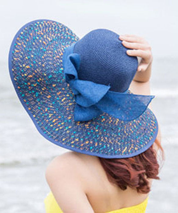 Beautiful Blue Print Bow Straw Woven Beach Floppy Sun Hat dylinoshop