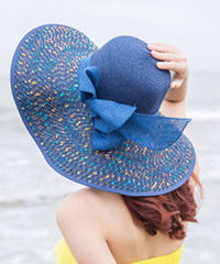 Beautiful Blue Print Bow Straw Woven Beach Floppy Sun Hat dylinoshop