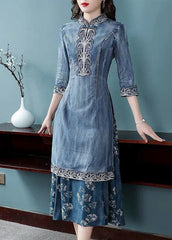 Beautiful Blue Stand Collar side open Embroideried Patchwork denim Dress Three Quarter sleeve NZ-FDL220304