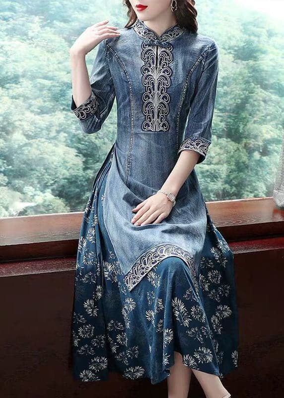 Beautiful Blue Stand Collar side open Embroideried Patchwork denim Dress Three Quarter sleeve NZ-FDL220304