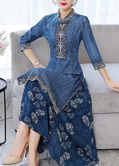 Beautiful Blue Stand Collar side open Embroideried Patchwork denim Dress Three Quarter sleeve NZ-FDL220304