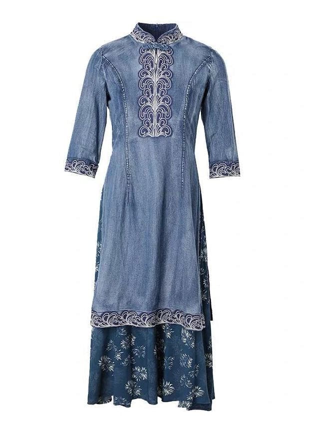 Beautiful Blue Stand Collar side open Embroideried Patchwork denim Dress Three Quarter sleeve NZ-FDL220304