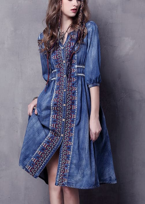 Beautiful Blue V Neck Embroideried Cotton Vacation Denim Dresses Half Sleeve NZ-SDL220606