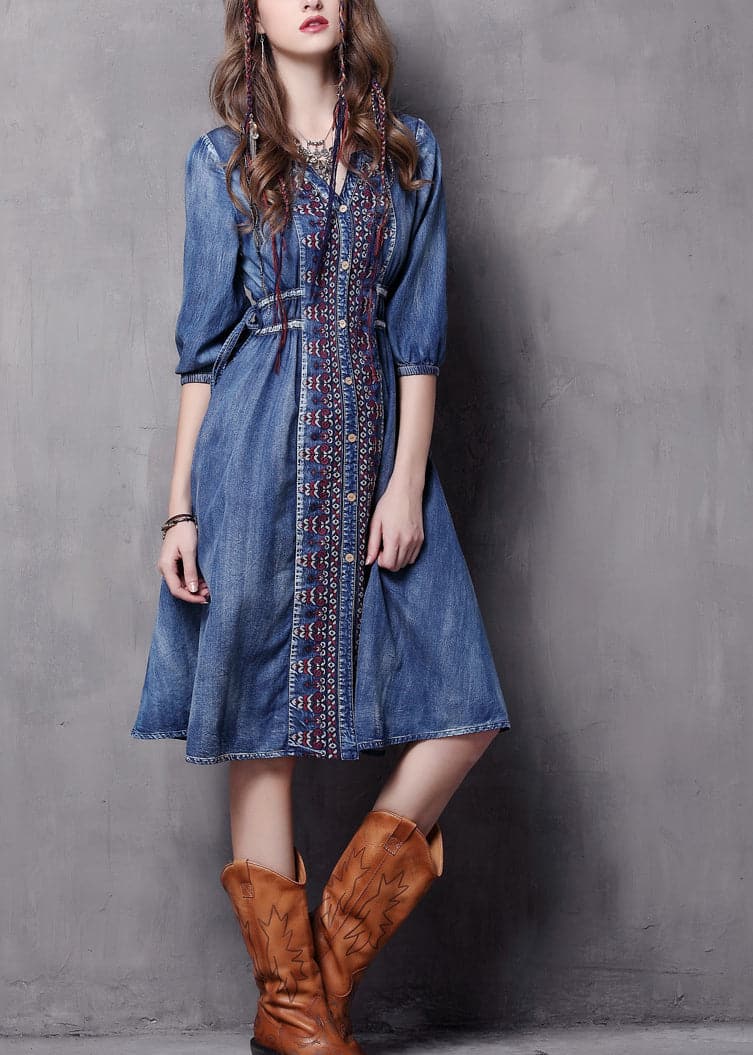 Beautiful Blue V Neck Embroideried Cotton Vacation Denim Dresses Half Sleeve NZ-SDL220606