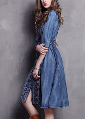 Beautiful Blue V Neck Embroideried Cotton Vacation Denim Dresses Half Sleeve NZ-SDL220606