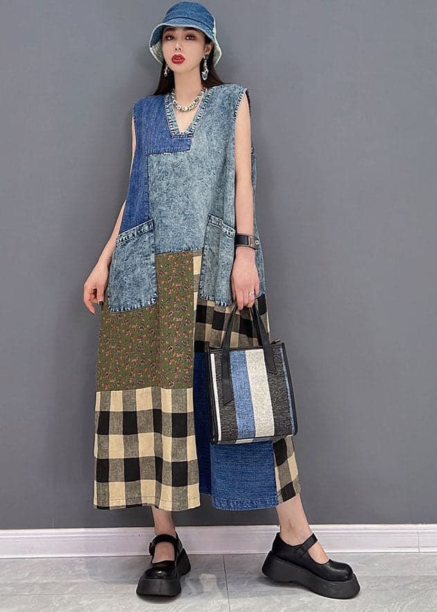 Beautiful Blue V Neck Pockets Patchwork Plaid Cotton Denim Long Dresses Sleeveless JDML-SDL22060201