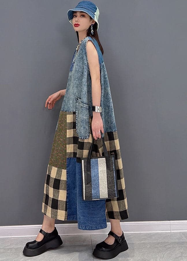 Beautiful Blue V Neck Pockets Patchwork Plaid Cotton Denim Long Dresses Sleeveless JDML-SDL22060201