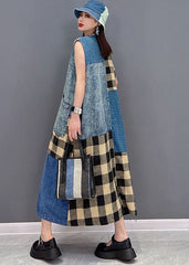 Beautiful Blue V Neck Pockets Patchwork Plaid Cotton Denim Long Dresses Sleeveless JDML-SDL22060201