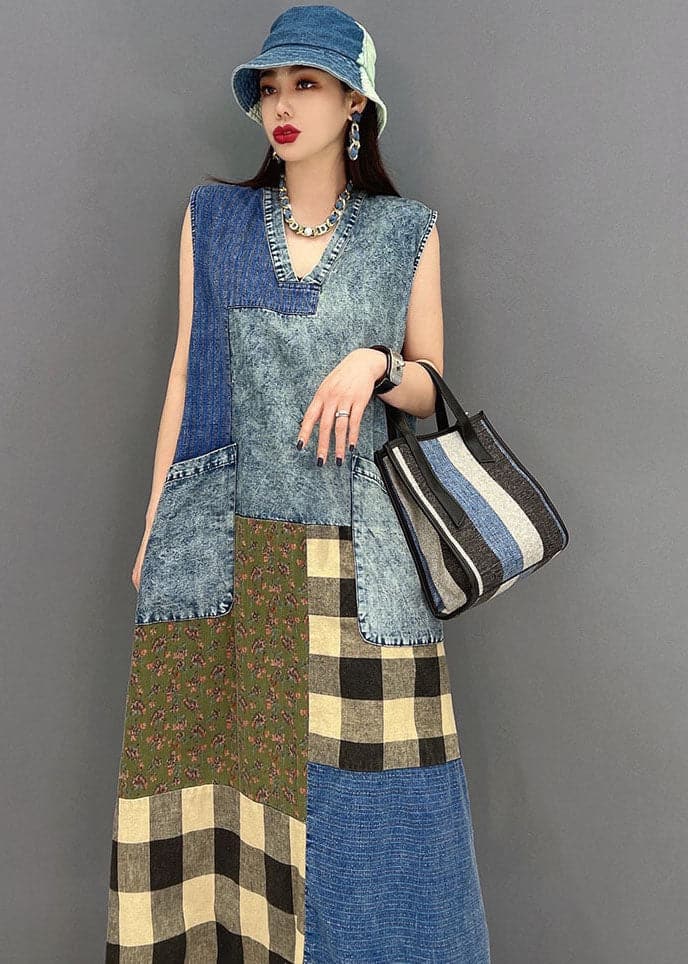 Beautiful Blue V Neck Pockets Patchwork Plaid Cotton Denim Long Dresses Sleeveless JDML-SDL22060201