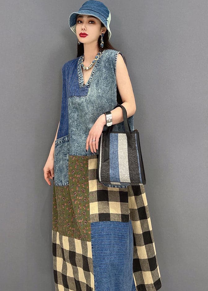 Beautiful Blue V Neck Pockets Patchwork Plaid Cotton Denim Long Dresses Sleeveless JDML-SDL22060201