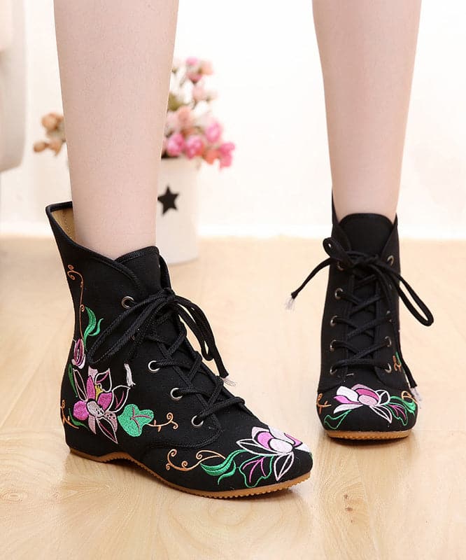 Beautiful Cross Strap Embroideried Ankle boots Black Cotton Fabric SHOE-PG220328