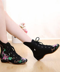 Beautiful Cross Strap Embroideried Ankle boots Black Cotton Fabric SHOE-PG220328