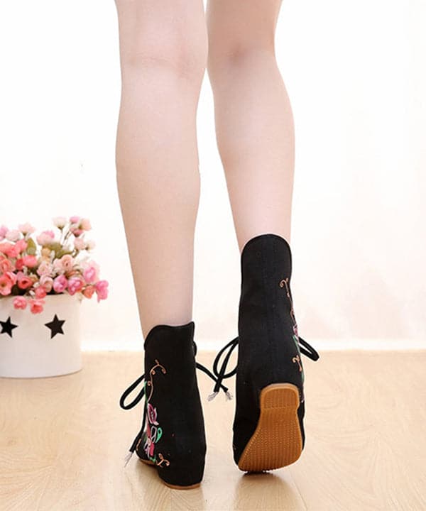 Beautiful Cross Strap Embroideried Ankle boots Black Cotton Fabric SHOE-PG220328