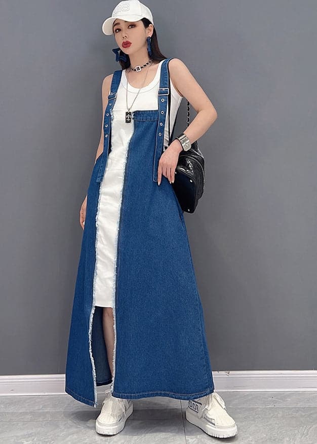 Beautiful Denim Blue Asymmetrical Design Patchwork Cotton Fake Two Piece Strap Dress Summer JDML-SDL220608