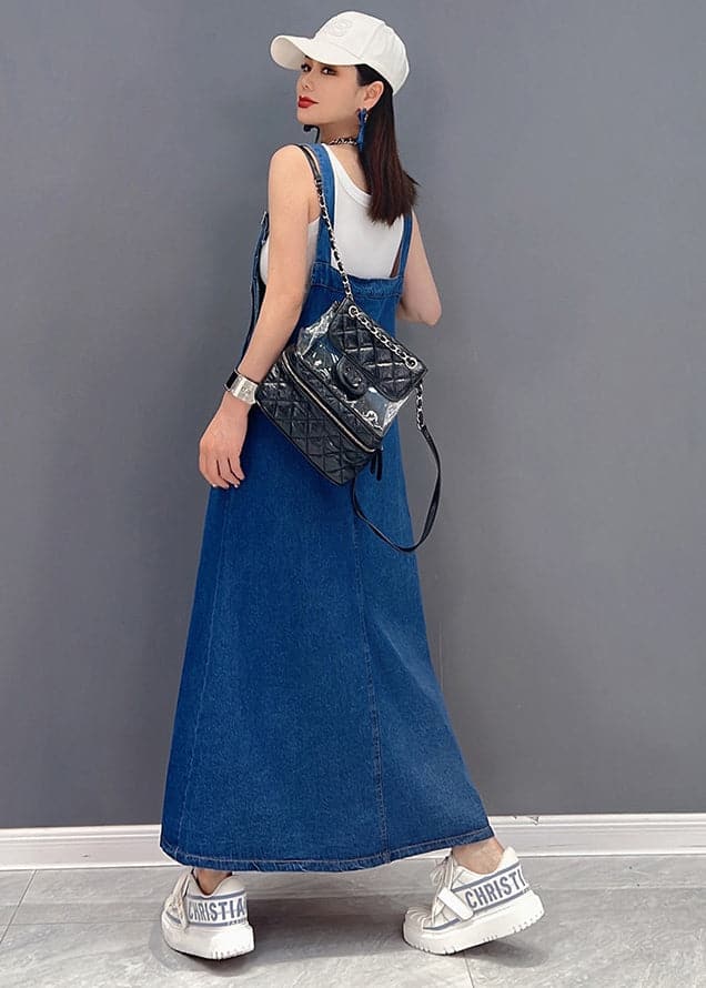 Beautiful Denim Blue Asymmetrical Design Patchwork Cotton Fake Two Piece Strap Dress Summer JDML-SDL220608