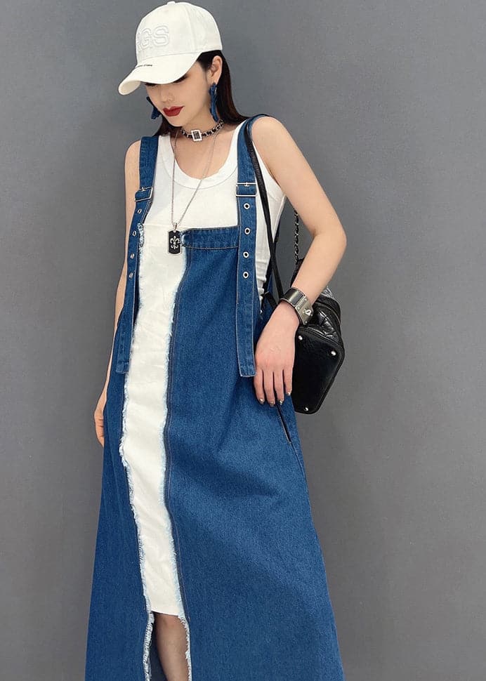 Beautiful Denim Blue Asymmetrical Design Patchwork Cotton Fake Two Piece Strap Dress Summer JDML-SDL220608