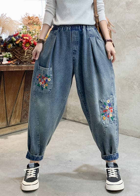 Beautiful Denim Blue Floral Embroideried Elastic Waist Pockets Cotton Harem Pants Summer NZ-LPTS220627