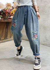 Beautiful Denim Blue Floral Embroideried Elastic Waist Pockets Cotton Harem Pants Summer NZ-LPTS220627