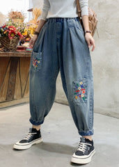 Beautiful Denim Blue Floral Embroideried Elastic Waist Pockets Cotton Harem Pants Summer NZ-LPTS220627