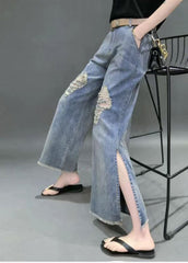 Beautiful Denim Blue High Waist Hole Pockets Side Open Cotton Straight Pants Summer NZ-CPTS22060701