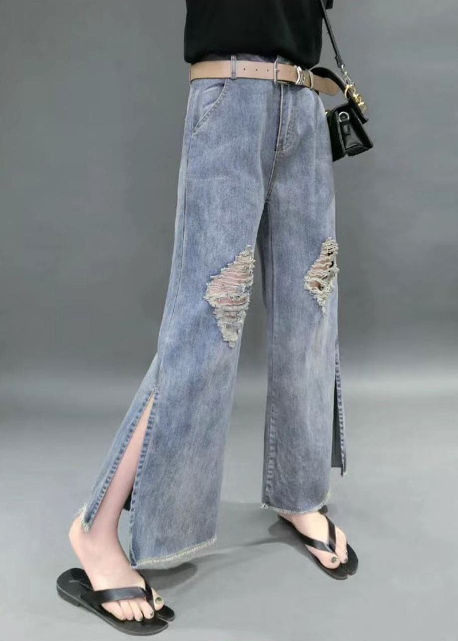 Beautiful Denim Blue High Waist Hole Pockets Side Open Cotton Straight Pants Summer NZ-CPTS22060701