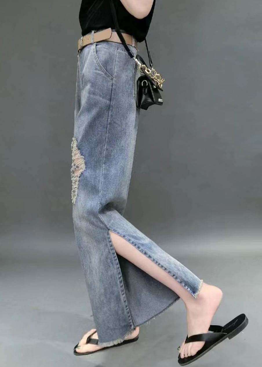 Beautiful Denim Blue High Waist Hole Pockets Side Open Cotton Straight Pants Summer NZ-CPTS22060701