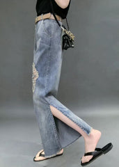 Beautiful Denim Blue High Waist Hole Pockets Side Open Cotton Straight Pants Summer NZ-CPTS22060701