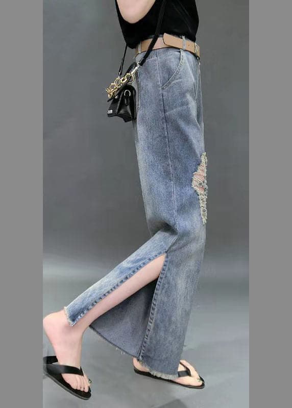 Beautiful Denim Blue High Waist Hole Pockets Side Open Cotton Straight Pants Summer NZ-CPTS22060701