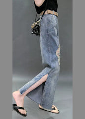 Beautiful Denim Blue High Waist Hole Pockets Side Open Cotton Straight Pants Summer NZ-CPTS22060701