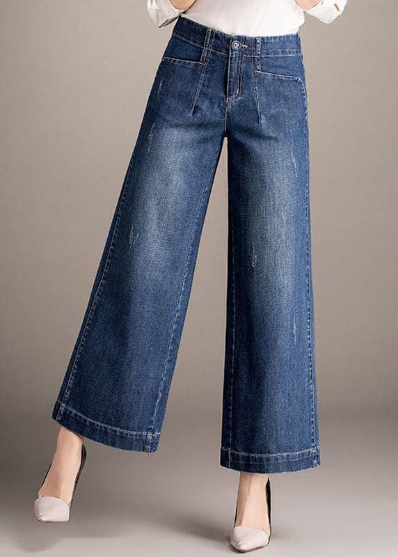 Beautiful Denim Blue High Waist Pockets Draping Cotton Straight Pants Summer NZ-CPTS220627