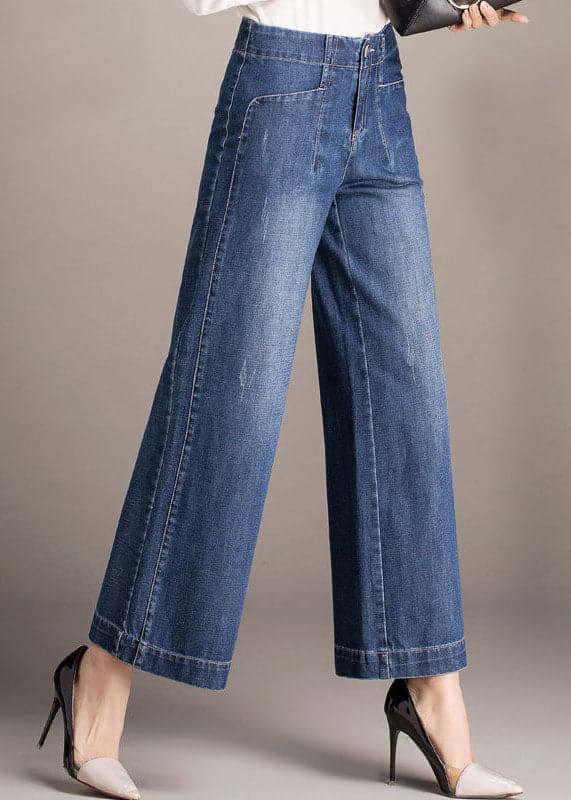 Beautiful Denim Blue High Waist Pockets Draping Cotton Straight Pants Summer NZ-CPTS220627